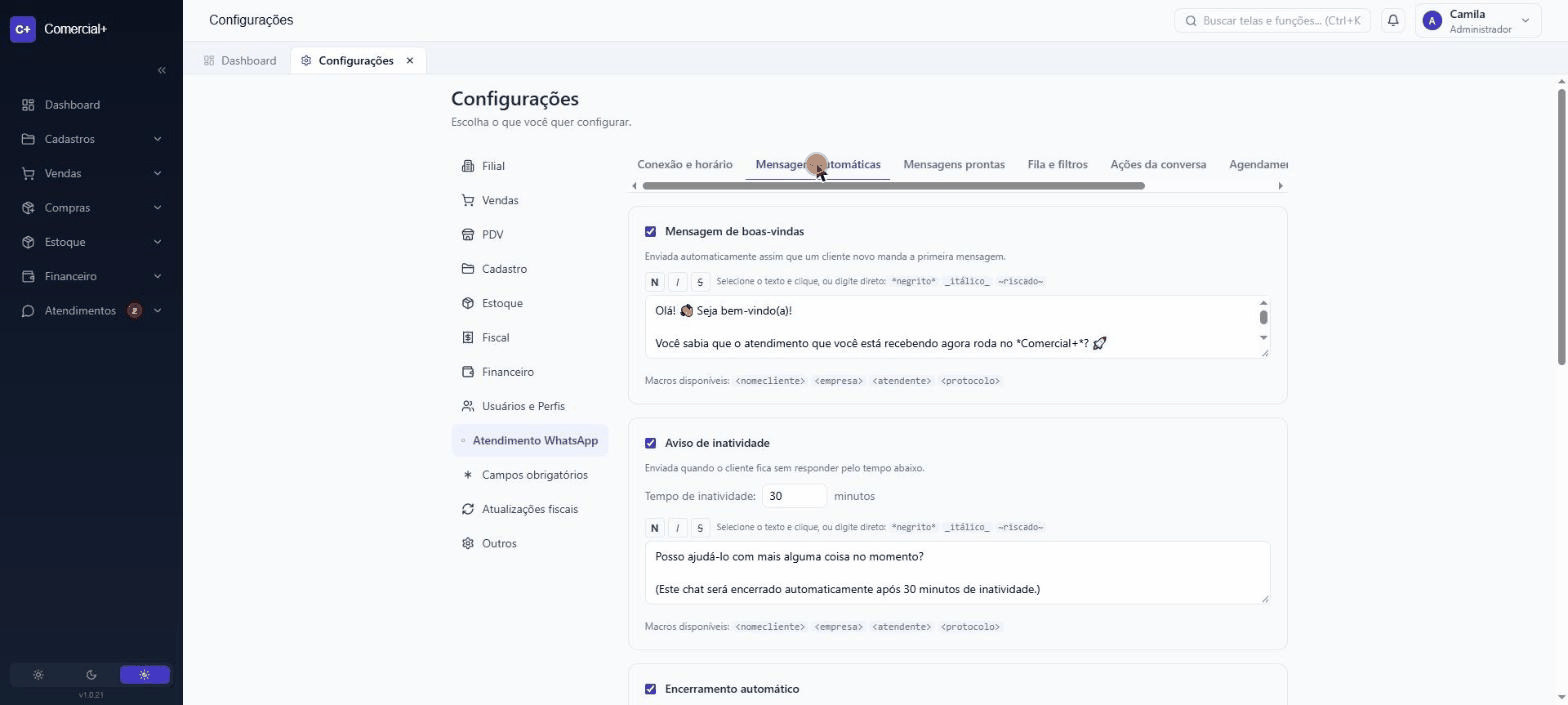 Tela de configurações do atendimento