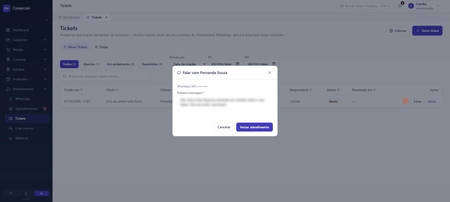 Lista de tickets e criação de ticket a partir de uma conversa